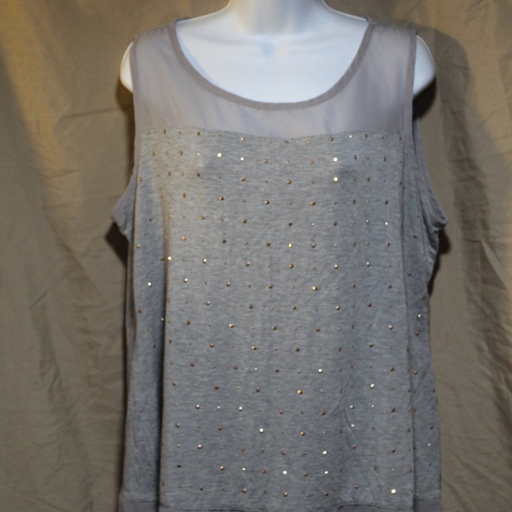 Belldini Women's 1X Gray w/Gold Rhinestones Tank Top Sheer Hem & Neck line